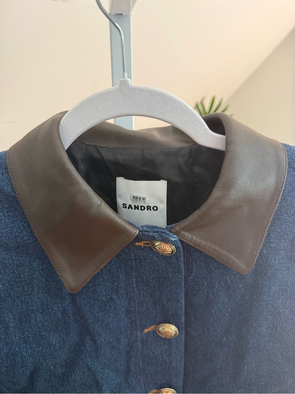 Sandro Denim‎ Jacket With Leather Collar Cropped Women’s 36 - Picture 5 of 6